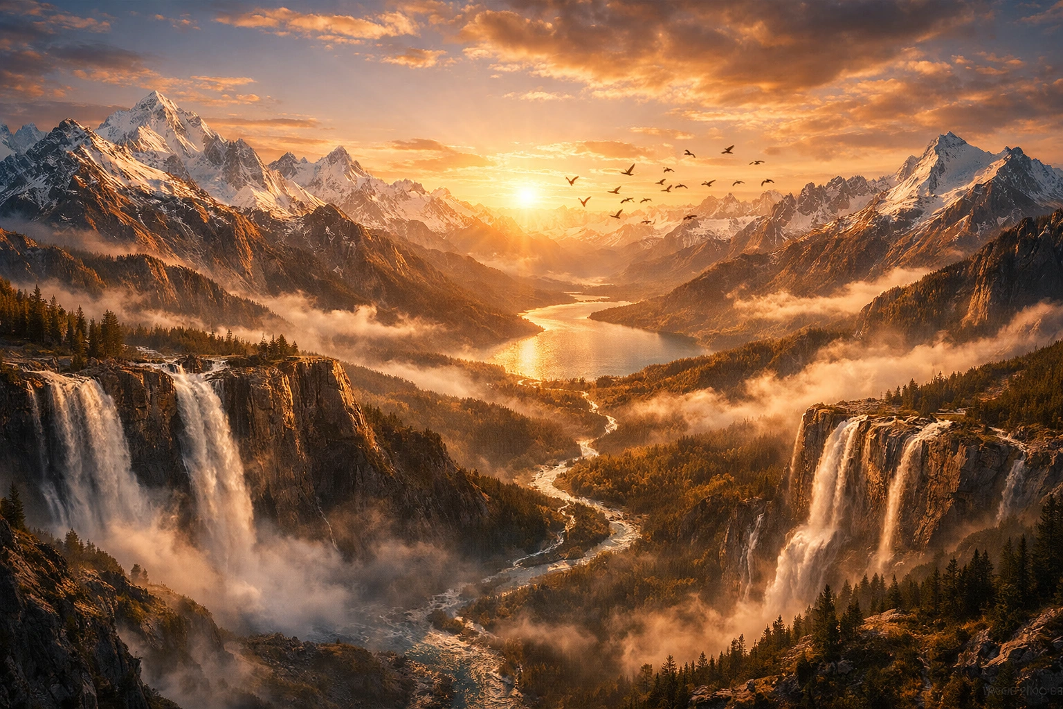 A vast and majestic mountain range at sunrise, golden light spilling over snow-capped peaks, endless valleys filled with mist, crystal-clear rivers winding toward a shimmering lake, giant waterfalls cascading into deep canyons, flocks of birds soaring through the glowing clouds, cinematic wide-angle view, ultra-realistic, 8K resolution, vivid colors, sense of infinite scale and serene grandeur.