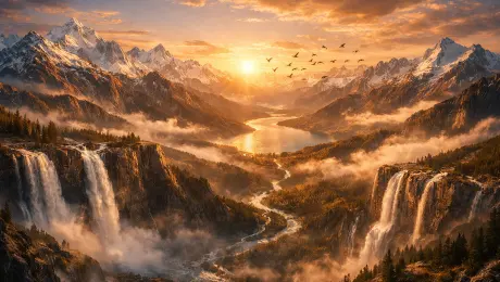 A vast and majestic mountain range at sunrise, golden light spilling over snow-capped peaks, endless valleys filled with mist, crystal-clear rivers winding toward a shimmering lake, giant waterfalls cascading into deep canyons, flocks of birds soaring through the glowing clouds, cinematic wide-angle view, ultra-realistic, 8K resolution, vivid colors, sense of infinite scale and serene grandeur.