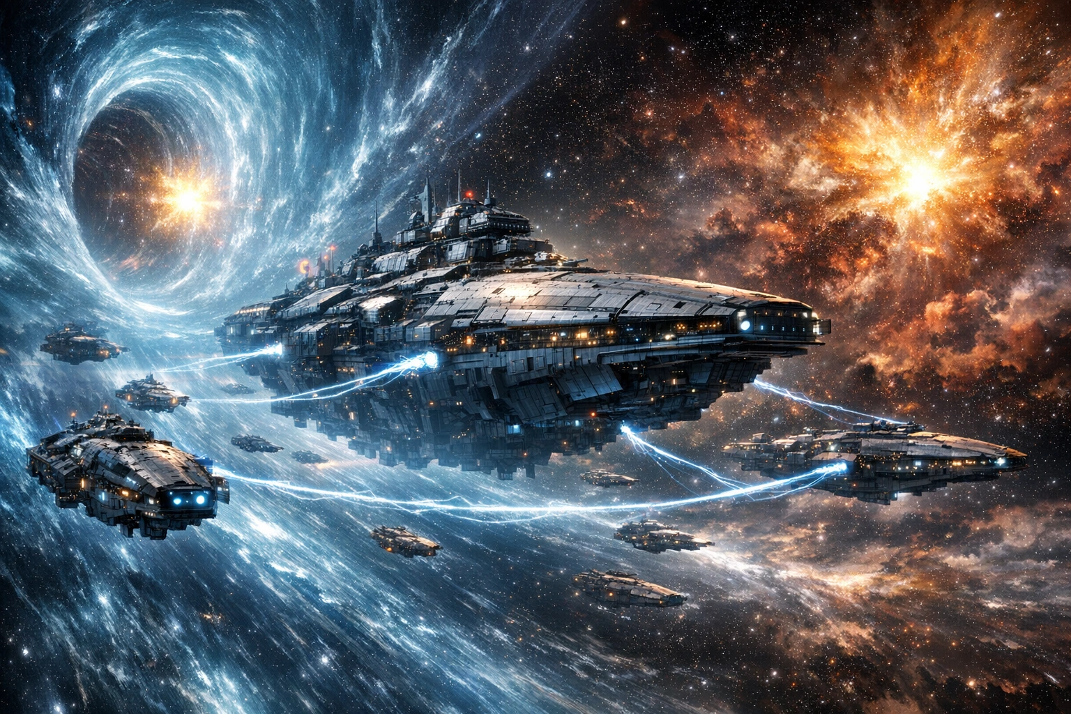 A colossal interstellar fleet cruising through hyperspace corridors, starship hulls reflecting the glow of distant supernovas, shimmering energy beams connecting flagship and escorts, wormholes pulsing with cosmic light, vast nebula storms swirling in the distance, cinematic slow pan, ultra-realistic.
