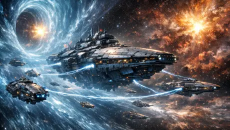 A colossal interstellar fleet cruising through hyperspace corridors, starship hulls reflecting the glow of distant supernovas, shimmering energy beams connecting flagship and escorts, wormholes pulsing with cosmic light, vast nebula storms swirling in the distance, cinematic slow pan, ultra-realistic.
