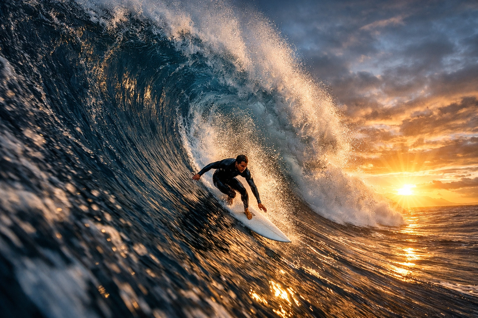 A breathtaking extreme surfing scene in early dawn, with a colossal wave towering like a steel wall of water. The surfer in a sleek wetsuit leans forward, slicing down the vertical face of the wave at incredible speed. White spray explodes into crystal droplets, caught by piercing golden beams of sunrise. The dark blue ocean contrasts with fiery light, creating a powerful cinematic mood.  

Style: high-impact composition, ultra-wide angle, dramatic lighting, photorealistic water detail, sharp contrast, realistic motion blur, epic scale, 8k resolution.
