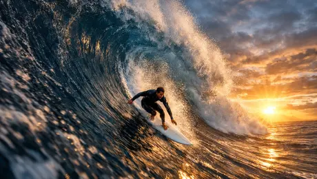A breathtaking extreme surfing scene in early dawn, with a colossal wave towering like a steel wall of water. The surfer in a sleek wetsuit leans forward, slicing down the vertical face of the wave at incredible speed. White spray explodes into crystal droplets, caught by piercing golden beams of sunrise. The dark blue ocean contrasts with fiery light, creating a powerful cinematic mood.  

Style: high-impact composition, ultra-wide angle, dramatic lighting, photorealistic water detail, sharp contrast, realistic motion blur, epic scale, 8k resolution.
