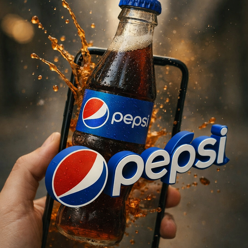 Replace Coca-Cola logo and text with Pepsi logo and typography. Change the red Coca-Cola branding color scheme to Pepsi's red-white-blue palette, keeping all other elements the same, high-resolution, photorealistic.
