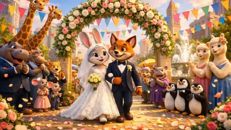 A cheerful anthropomorphic animal city wedding scene, featuring a rabbit bride in a white lace gown and a fox groom in a sharp suit, walking together under a grand floral archway. The city plaza is filled with diverse anthropomorphic animals – tall giraffes, hippos, mice, tigers, penguins, alpacas – all applauding and smiling. Bright and colorful banners flutter in the wind, flower petals scattered across the ground, a sparkling fountain glistens under warm golden sunlight. 

Style: 3D computer animation, Pixar-inspired, Disney-like lighting, photorealistic textures with cartoon proportions, vivid colors, detailed fur rendering, expressive faces, cinematic wide-angle composition, ultra-detailed, whimsical yet realistic setting, high resolution, 8k.
