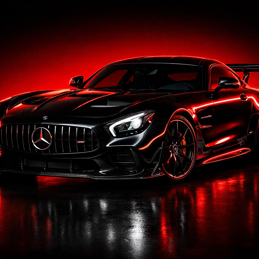 2021 Mercedes-AMG GT BLACK SERIES advertising photography, thecar's glossy black paintwork reflects sharp light and the strong red backlighting (#f11700) hights the contours ofthe vehicle, such as the fenders, door edges, wheel rims and front bumper. The focus of the image is on the glossy paint finish, precision engineering, and bold design, all captured through deep shadows and edge lighting. The minimalistblack-and-red colour scheme emphasises the car's power and dynamism, while the high-contrast atmosphere and cinematic lighting evoke a sense of aggression and
dominance. --raw