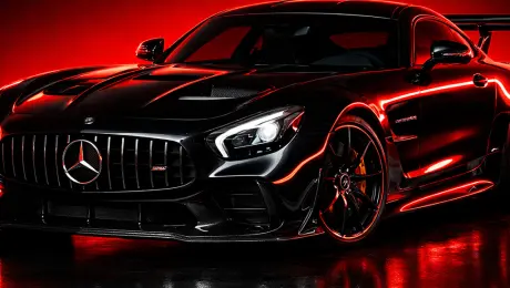 2021 Mercedes-AMG GT BLACK SERIES advertising photography, thecar's glossy black paintwork reflects sharp light and the strong red backlighting (#f11700) hights the contours ofthe vehicle, such as the fenders, door edges, wheel rims and front bumper. The focus of the image is on the glossy paint finish, precision engineering, and bold design, all captured through deep shadows and edge lighting. The minimalistblack-and-red colour scheme emphasises the car's power and dynamism, while the high-contrast atmosphere and cinematic lighting evoke a sense of aggression and
dominance. --raw