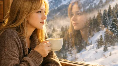 A cozy café at the foot of a snowy mountain, with warm wooden walls and stone base, sunlight streaming through a large window revealing a breathtaking view of white peaks glistening under the winter sun, with pine trees and light mist halfway up the slopes.

By the window, a blonde-haired girl with warm brown eyes leans slightly against the glass, gazing at the snowy mountains in quiet contemplation. Her hair catches the golden light, softly glowing. In the window glass, her face is reflected clearly yet with a slight blur, as if another version of her is also watching the mountain.

In her right hand, she holds a white ceramic coffee cup, steam gently rising into the air, adding warmth to the cold winter scene outside. On the light wood table before her rests an open book and a scarf, enhancing the serene and cozy atmosphere.

Style: realistic photography, soft natural lighting, high detail in facial features and reflections, shallow depth of field, warm indoor tones contrasting cold outdoor scenery, high resolution.
