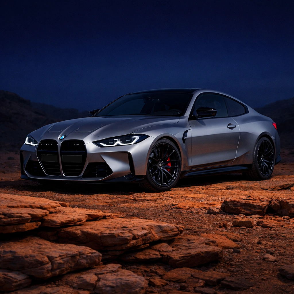 BMW M4 (2024 model) in a cinematic outdoor scene, featuring clean silver-gray metallic paint with sharp, controlled reflections. Lit only by soft ambient light-no direct sunlight or harshhighlights. The ground is covered in rugged warm orange rock textures, with layered formations in the foreground enhancing depth. The sky is a deep, saturated blue with
no clouds or glare, reflecting subtly on the car. Lighting is moody andstudio-like, with no long shadows, delivering strong color contrast and high-end automotive ad quality with precise composition and spatial depth. --raw