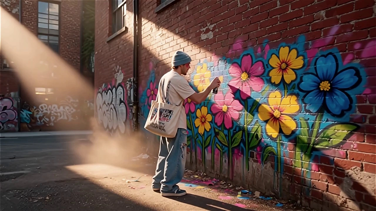 A stylish young male artist is spray-painting a colorful mural of flowers on a brick wall in a sunny city alleyway. Suddenly, the painted flowers magically detach from the wall and transform into glowing, semi-transparent 3D butterflies. The artist looks surprised and then delighted, reaching out his hand to let one butterfly land on his finger. The scene is bathed in warm natural sunlight, dust motes dancing in the air. Vibrant colors, smooth motion, magical realism, award-winning cinematography.
