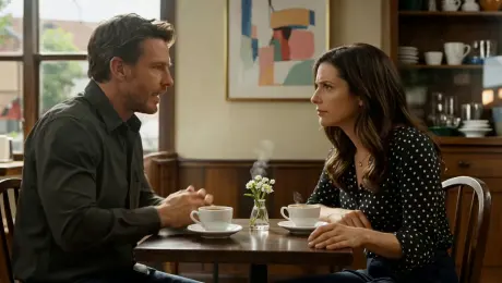 Create a cinematic live-action style scene set in a quiet café during late afternoon. A man and a woman sit across from each other at a small wooden table, engaged in a tense conversation.
The man speaks first, leaning forward slightly, his voice calm but serious. The woman responds with subtle hesitation, maintaining eye contact before glancing away briefly.
Use natural lip-synced dialogue for both speakers, with soft ambient café sounds in the background.
Camera starts with a medium two-shot, slowly pushes in toward a close-up as the conversation becomes more emotional.
Lighting is warm and natural, with sunlight filtering through the window. Maintain realistic facial expressions, smooth body movement, and clear audiovisual synchronization throughout the 8–10 second scene.