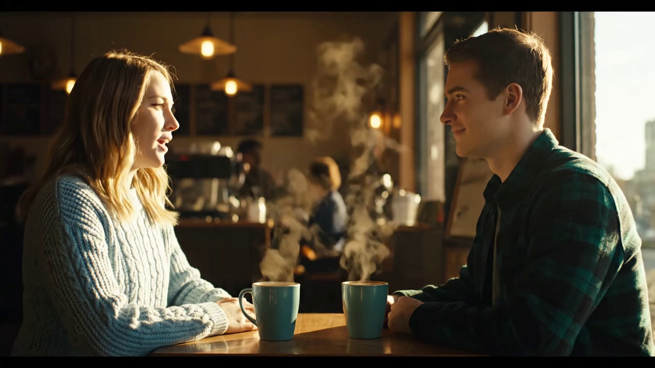 Scene 1:
Action: A cozy downtown café at sunrise. Steam rises from two coffee mugs.
Characters: A young woman (Emma) and her friend (Jake) sit by the window, sunlight filtering through.
Dialogue:
Emma (warmly): “I can’t believe it’s been a year since we started this.”
Jake (smiling): “Yeah, and we’re still chasing the same dream.”
Ambient Sound: Soft background jazz, light chatter, the sound of a coffee machine.

Scene 2:
Action: The camera slowly pans as they laugh together, then fades into a flashback of their first meeting at the same café — same seats, same sunlight.
Continuity: Same faces, gestures, and lighting tone across both shots.