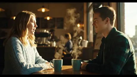 Scene 1:
Action: A cozy downtown café at sunrise. Steam rises from two coffee mugs.
Characters: A young woman (Emma) and her friend (Jake) sit by the window, sunlight filtering through.
Dialogue:
Emma (warmly): “I can’t believe it’s been a year since we started this.”
Jake (smiling): “Yeah, and we’re still chasing the same dream.”
Ambient Sound: Soft background jazz, light chatter, the sound of a coffee machine.

Scene 2:
Action: The camera slowly pans as they laugh together, then fades into a flashback of their first meeting at the same café — same seats, same sunlight.
Continuity: Same faces, gestures, and lighting tone across both shots.