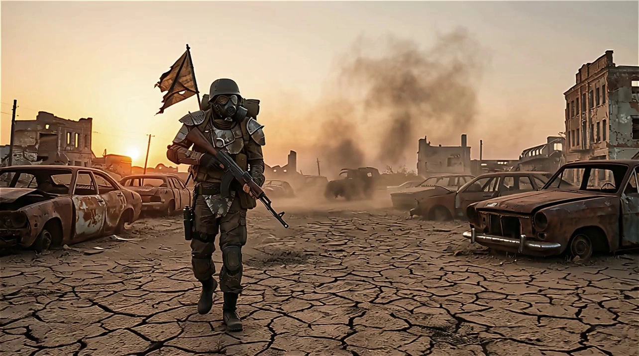 5-second cinematic shot of a lone post-apocalyptic soldier in armor and gas mask walking straight toward the camera along a cracked, dusty road between rows of rusted abandoned cars, holding a rifle and tattered flag, slow forward camera movement, smoke and dust drifting from ruined buildings in the background, warm orange sunset light, debris blowing slightly in the wind, realistic gritty atmosphere.