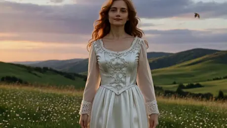 A detailed scene featuring a young woman with long, flowing auburn hair and fair skin, wearing a elegant white silk dress adorned with delicate lace embroidery, standing gracefully on a lush green meadow during golden hour at sunset. She gently lifts her arms, causing the fabric to ripple softly in the gentle breeze, with a serene expression on her face as she twirls slowly, her dress swirling around her ankles. The background showcases a vivid sky painted with warm orange, pink, and purple hues, with distant rolling hills and scattered wildflowers adding depth. Soft sunlight casts warm highlights on her face and dress, creating delicate shadow patterns, while a few butterflies flutter nearby, enhancing the peaceful, romantic atmosphere. The scene is rendered in a cinematic, realistic style, in 4K resolution, with subtle slow-motion capturing the flowing movement of her dress and hair, conveying a sense of tranquility and elegance.