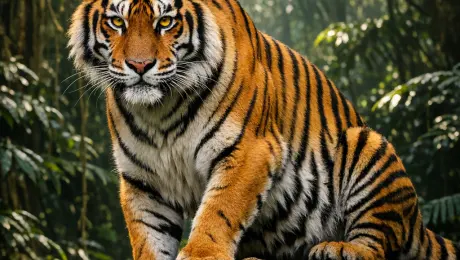 A majestic Bengal tiger with vivid orange and black striped fur, piercing amber eyes, powerful muscular build, perched on a moss-covered rock, dense green jungle with dappled sunlight filtering through tall canopy, serene yet fierce atmosphere, high-resolution digital art with vivid colors and realistic textures, detailed fur and foliage, cinematic lighting with soft shadows.