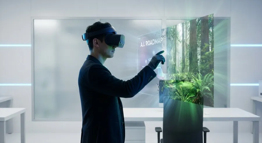 Creative director interacting with interactive video mapping using veo2 physics technology