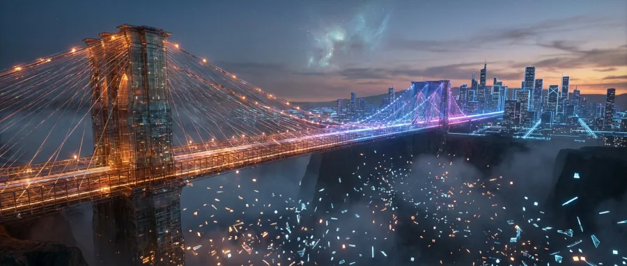 A high-tech bridge representing the transition of businesses from AI experimentation to full-scale enterprise integration.