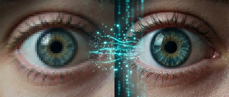 AI image reconstruction showing the difference between blurry pixels and a crisp high-definition recovery