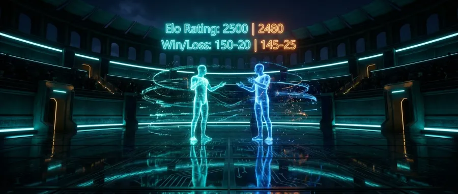 Digital colosseum representing the competitive lm arena where AI models debate and are ranked by human preference.