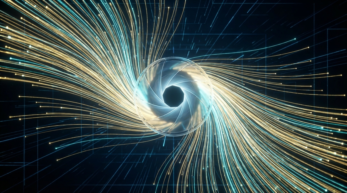Data particles converging into a camera lens representing AI video API infrastructure
