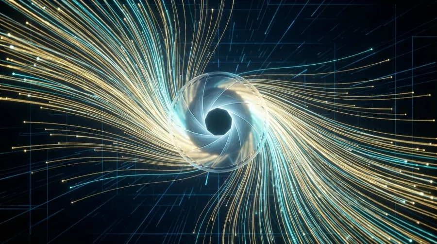 Data particles converging into a camera lens representing AI video API infrastructure