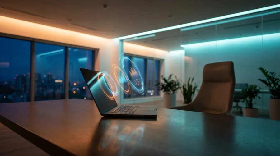 Modern high-tech office representing the future of background AI assistance