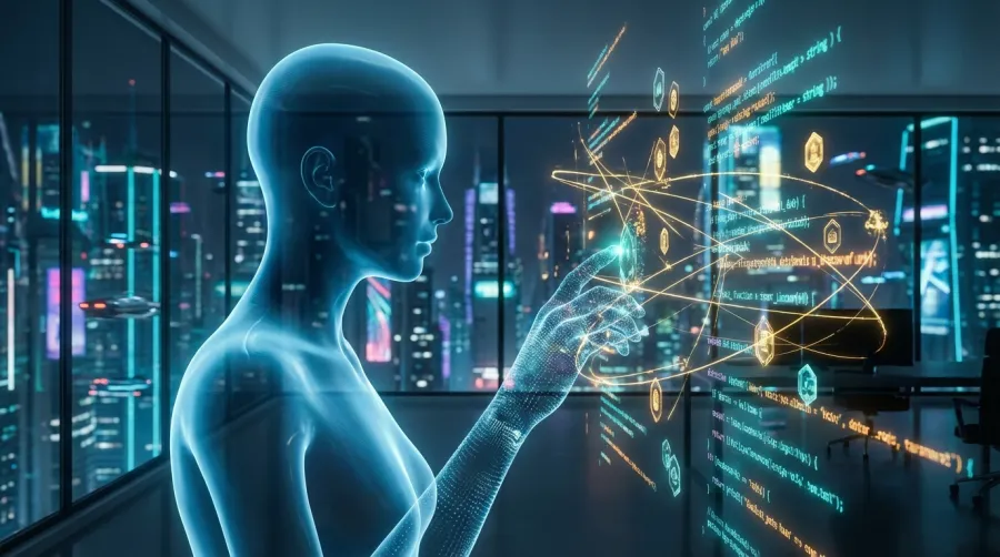Conceptual representation of AI agents acting as digital labor in a high-tech corporate environment