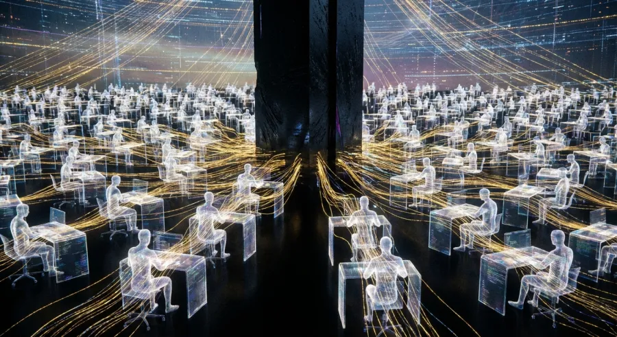 Holographic human agents connected to a central AI hive mind