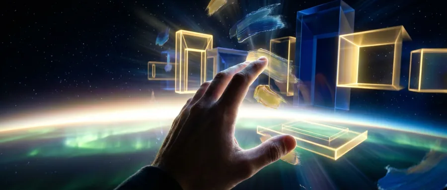 First-person view of a hand manipulating 3D shapes and digital art with lovart ai