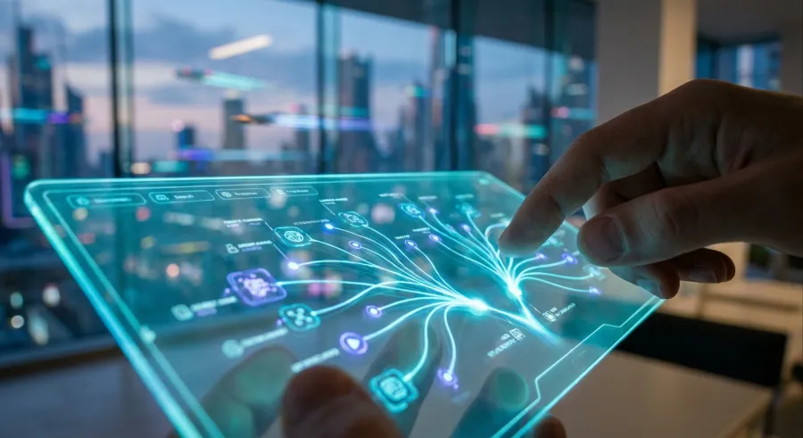 Futuristic holographic interface depicting autonomous AI agents in an enterprise environment