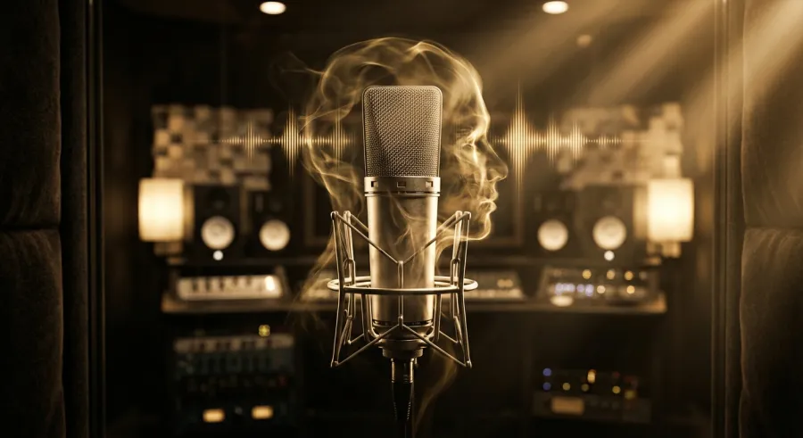 Professional microphone with ethereal gold soundwaves symbolizing the high-end output of 11 labs