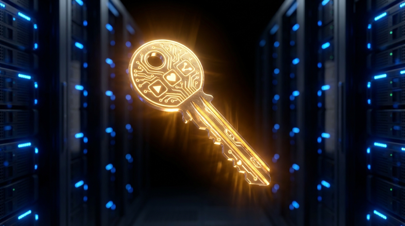 A glowing golden key in a high-tech server room symbolizing the key to user retention