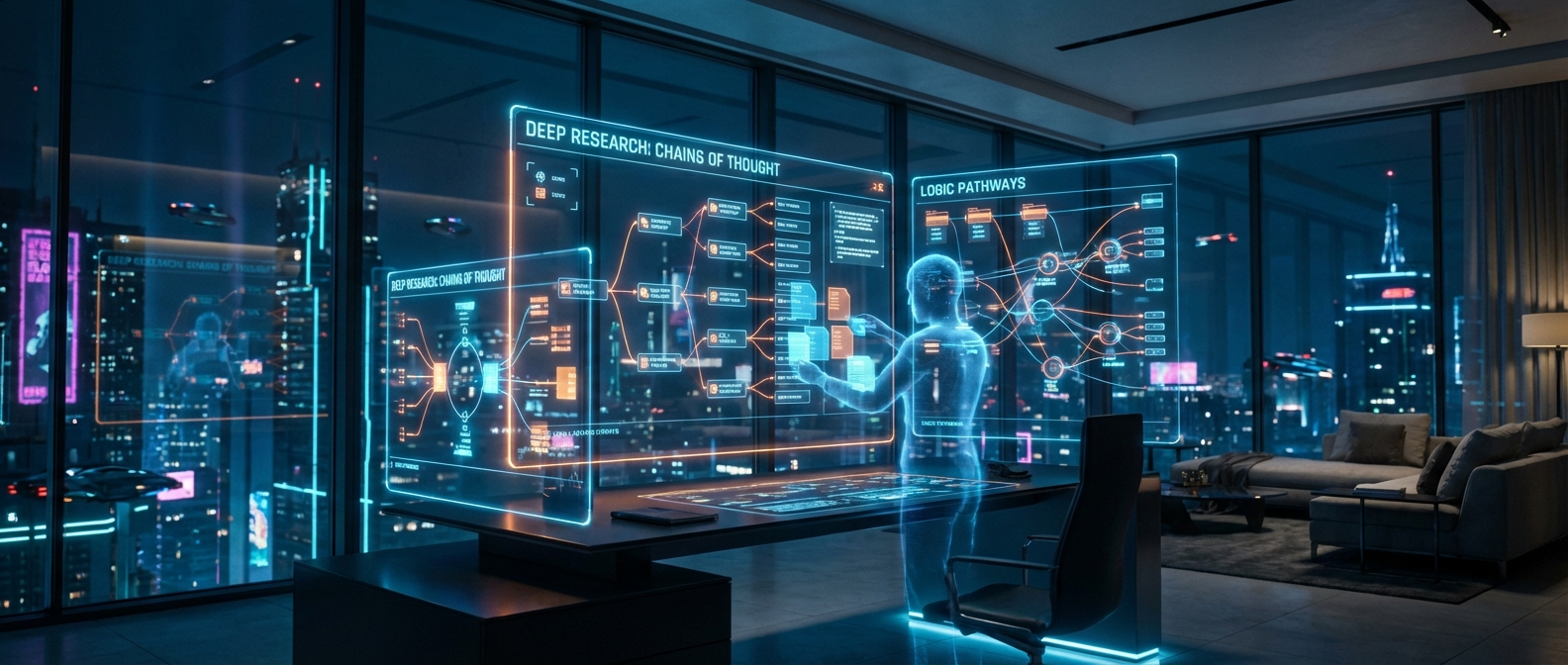 Futuristic workstation representing autonomous AI agents and recursive self-improvement