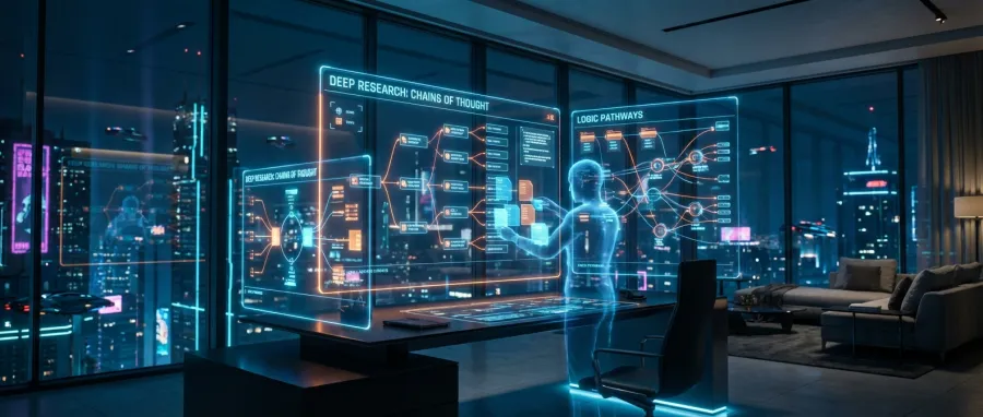 Futuristic workstation representing autonomous AI agents and recursive self-improvement