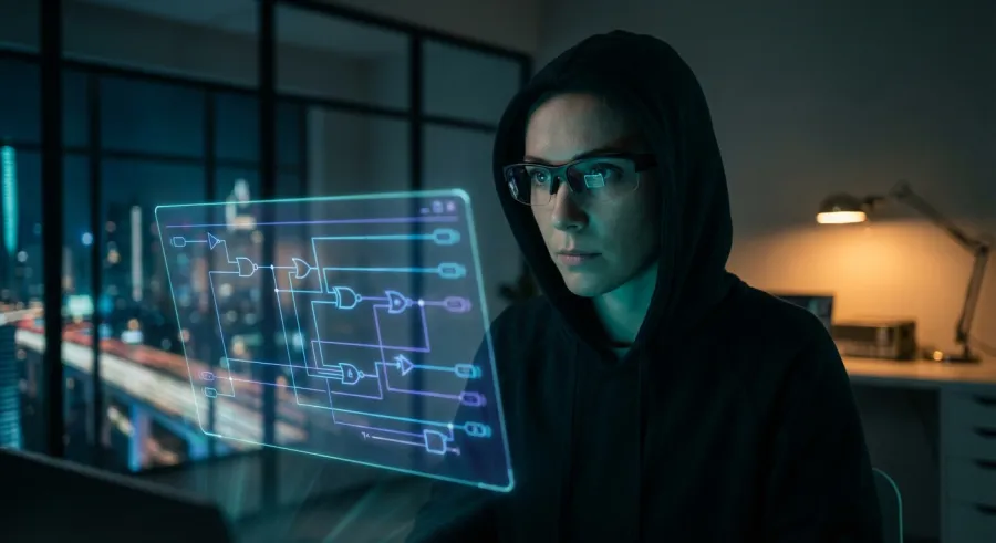 A software engineer using Gemini 2.5 Pro to solve complex coding logic in a minimalist workspace