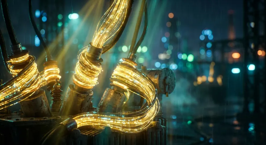 Future AI intelligence grid with glowing power lines and digital energy