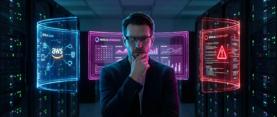A professional tech analyst examining different Nova AI brand versions through holographic displays