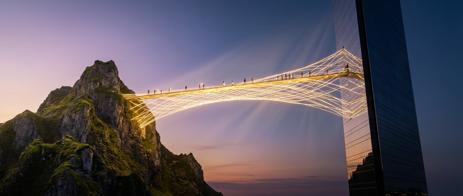 Visual metaphor of bridging the gap between AI capabilities and human users in the last mile
