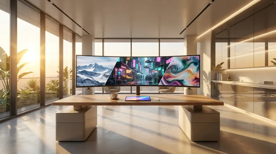 A modern workspace visualizing the future of high-quality AI-driven video production