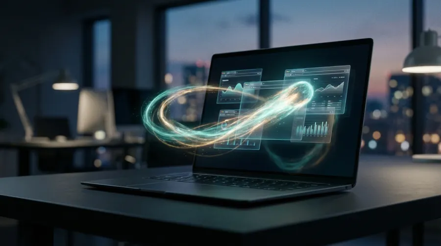 Holographic browser tabs and comet trail representing AI automation in comet perplexity