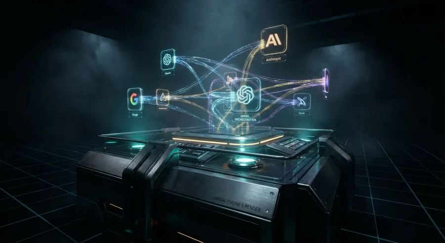 Illustration of a digital orchestration switchboard representing multi-model AI strategies