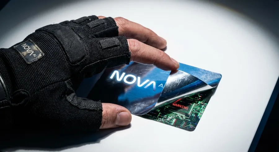 A hand uncovering a warning sign beneath a Nova AI sticker to represent deceptive marketing