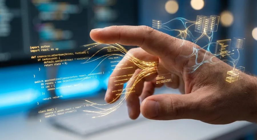 A skilled developer conducting the Claude 3.5 Sonnet API like a digital symphony