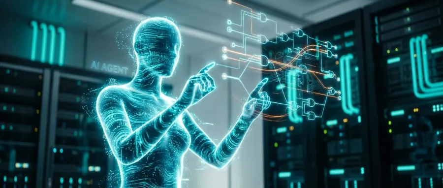 A digital silhouette of an AI agent performing agentic inference by interacting with nodes and logic gates