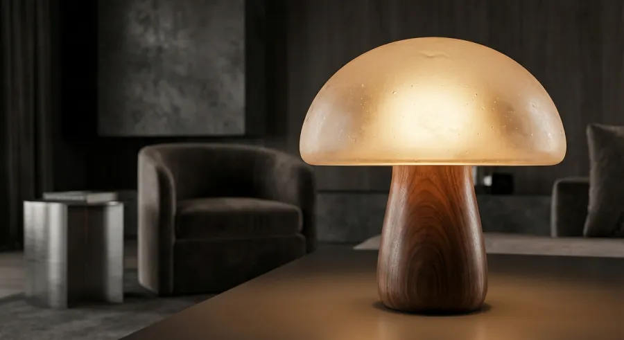 A high-end cinematic render of a mushroom atmosphere lamp showing detailed textures and lighting.