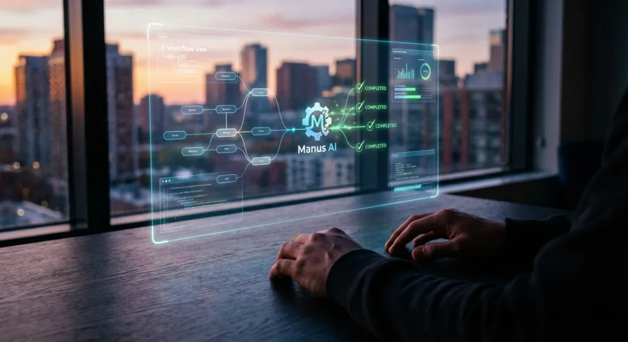 Modern desk with a digital dashboard displaying autonomous manus ai agentic workflows