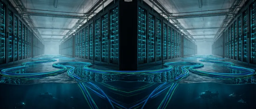 Undersea fiber-optic cable infrastructure connecting global AI data centers