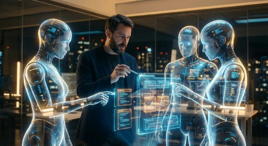 A team of AI agents collaborating on a shared project task