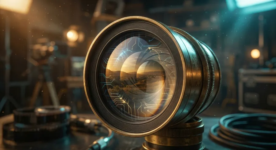 Professional cinema lens reflecting a neural network representing the physics engine of veo3 ai