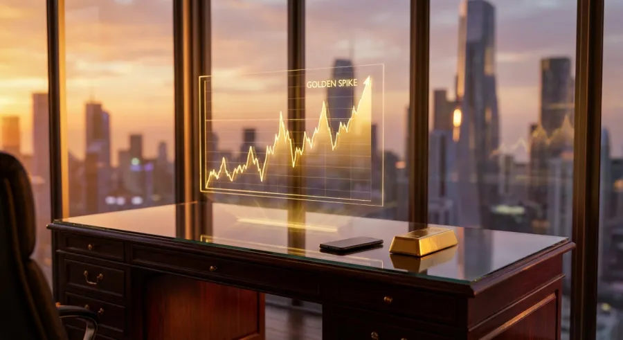 Gilded office and market assets visual metaphor representing 2025 economic trends